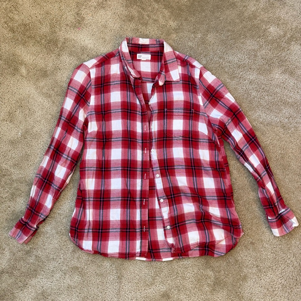 Womens L Red & White Plaid Gap Fitted Boyfriend Flannel Cotton Blend Cabin farm